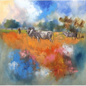 Tahir Bilal Ummi, 42 x 42 Inch, Oil on Canvas, Landscape Painting, AC-TBL-036